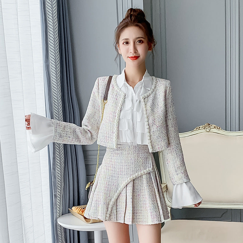 Spring and Autumn New Style tweed coat + pleated high waist skirt + shirt three-piece set