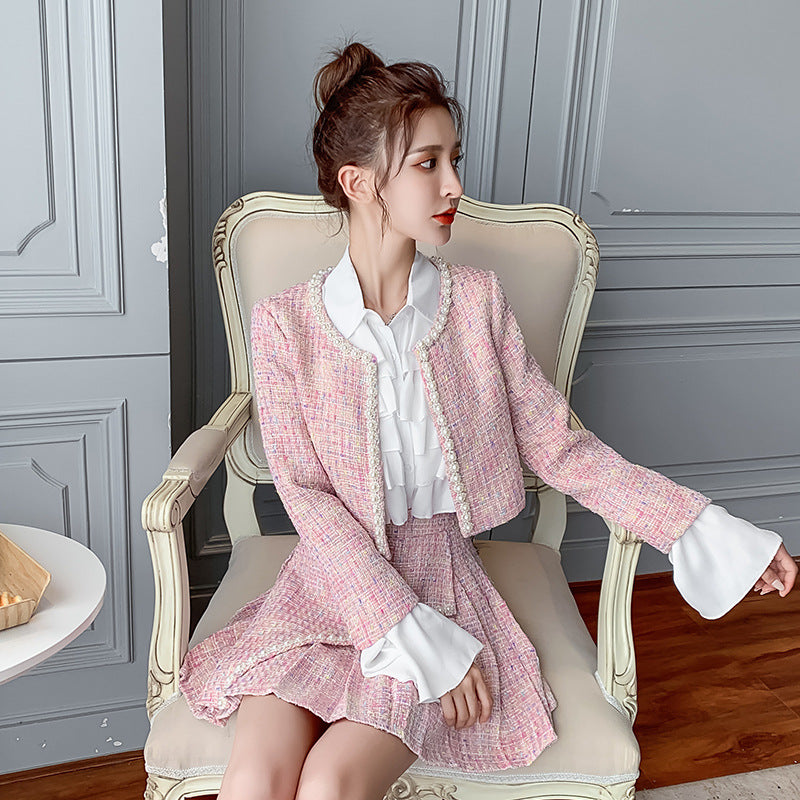 Spring and Autumn New Style tweed coat + pleated high waist skirt + shirt three-piece set