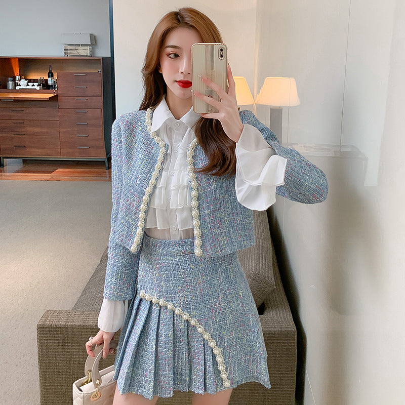 Spring and Autumn New Style tweed coat + pleated high waist skirt + shirt three-piece set