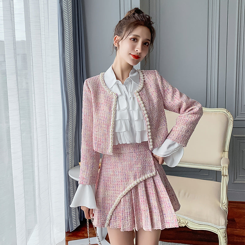 Spring and Autumn New Style tweed coat + pleated high waist skirt + shirt three-piece set