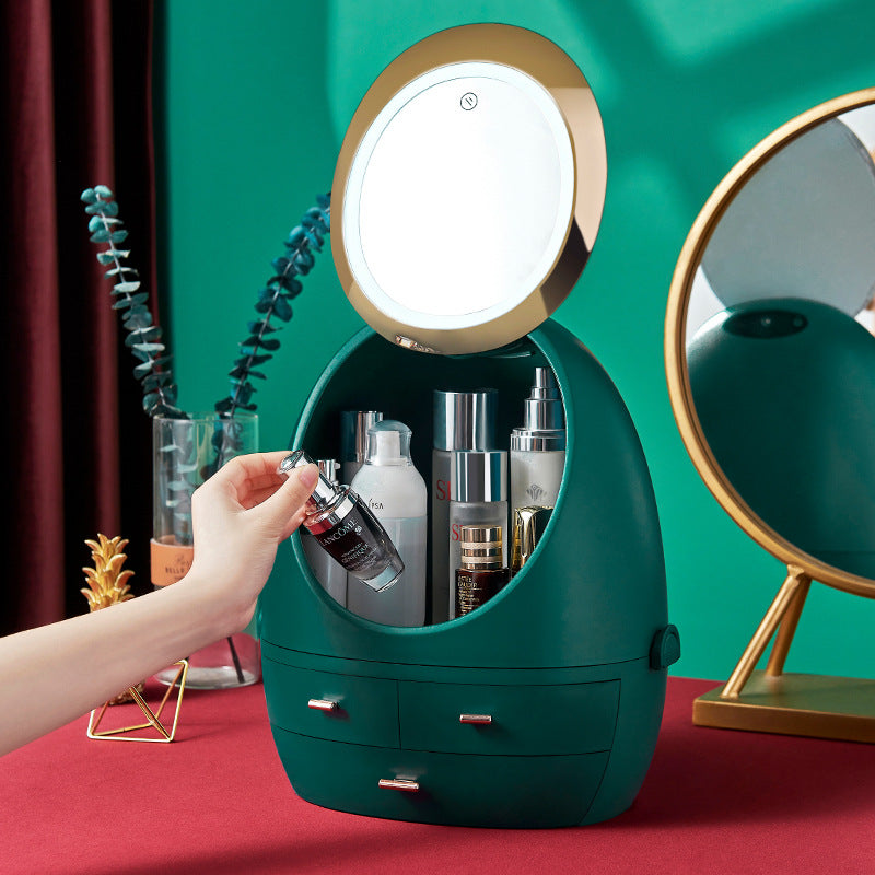 Dark Green Cosmetics Storage Box with Light  in use